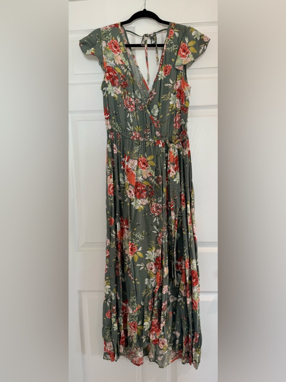 BOG: Women’s Wrap Maxi Dress in Olive Green and Red